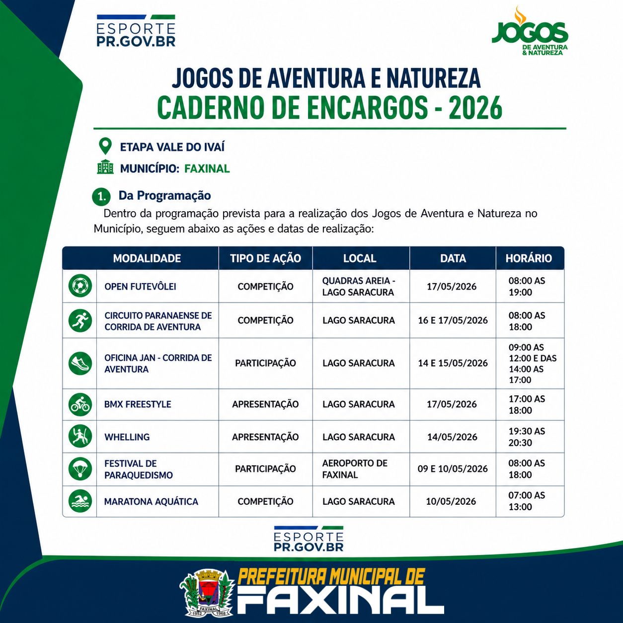 Faxinal recebe Jogos de Aventura e Natureza entre os dias 9 e 17 de maio