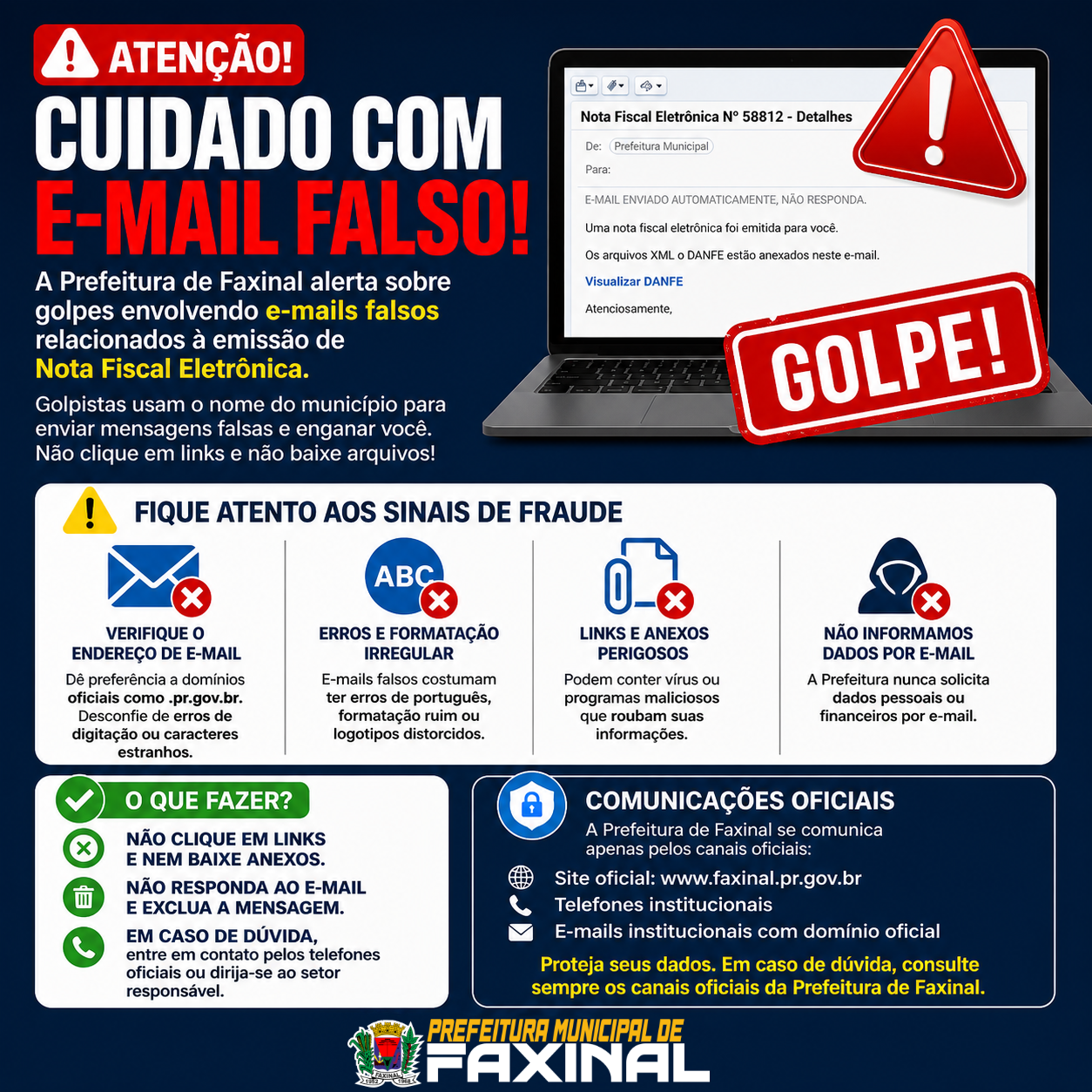 Prefeitura de Faxinal alerta sobre golpe de e-mail falso envolvendo nota fiscal eletrônica