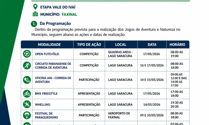 Faxinal recebe Jogos de Aventura e Natureza entre os dias 9 e 17 de maio