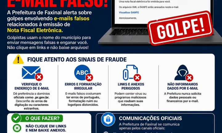 Prefeitura de Faxinal alerta sobre golpe de e-mail falso envolvendo nota fiscal eletrônica